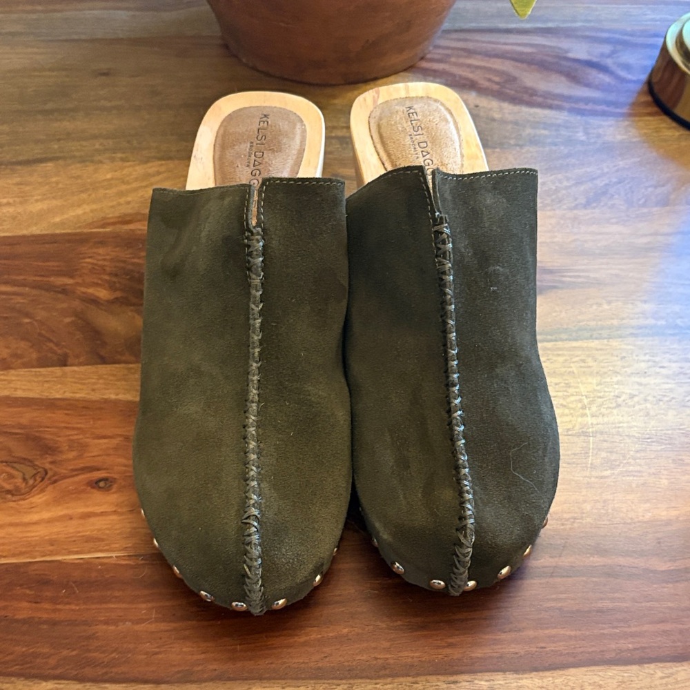 Kelsi Dagger Dark Green Suede Mules
